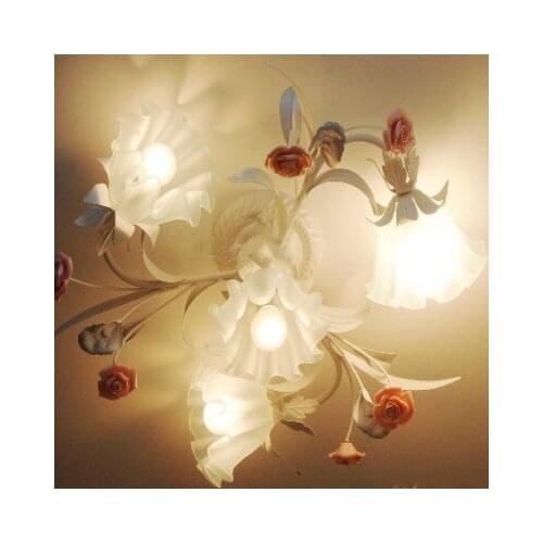 European-style garden living room Romantic Restaurants white wrought iron pink ceramic flowers glass lampshade Ceiling Lamp c140