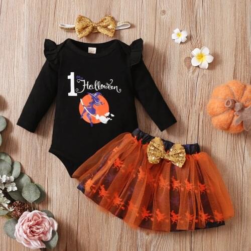 Ma&Baby 0-18M My 1st Halloween Baby Girl Clothes Set Letter Cartoon Print Romper Tulle Bow Skirts Outfits Newborn Clothing DD43