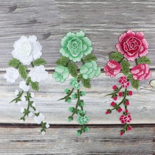 Red Rose Patches Embroidered Sewing On Patch Flower Iron On Patch Stickers Clothes Badge Fabric Applique Supplies Patches White