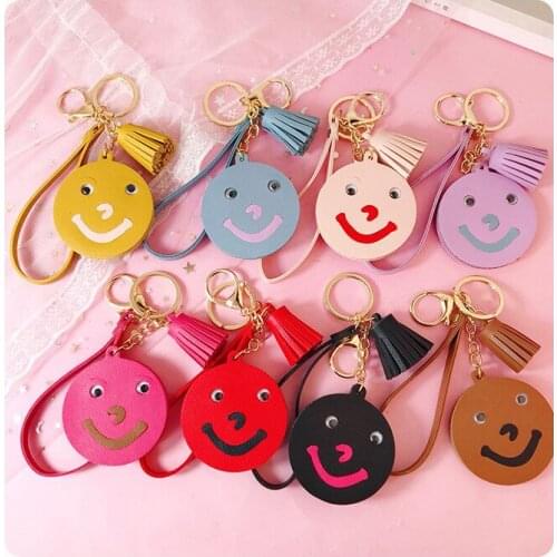 Creative cartoon leather PU smiley face car keychain cute tassel bag key chain ring pendant