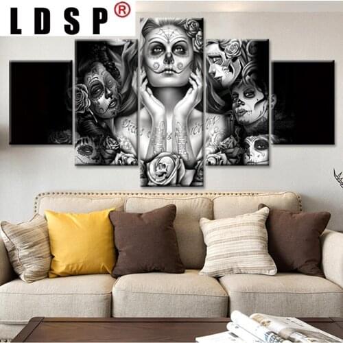 LDSP 5 Panels Canvas Painting Abstract Skull Women Modern Home Decoration Wall Art Pictures Living Room HD Printed Posters