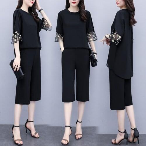 Summer 2021 Wide Leg Pants Two Piece Set O-neck Pullover Pants Suit Casual Ensemble Femme Survetement Year-old Female Costume