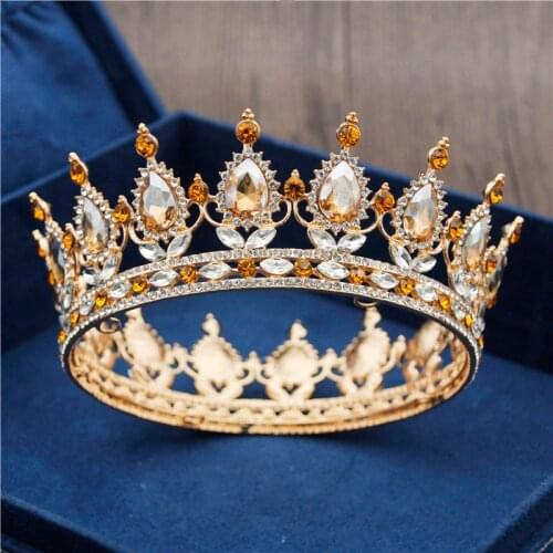 2020 New Fashion Yellow Crystal Metal Bridal Tiaras and Crowns Royal Queen King Bride Diadem Prom Wedding Crown Hair Jewelry