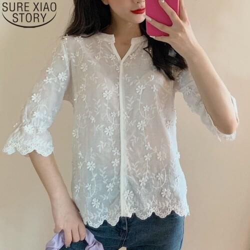 Fashion Appliques Blouse Embroidered Shirts Women 2021 Summer New White Cotton Blouse Floral Half Sleeve Tops Blusas Shirt 9638