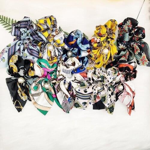 Fashion Chiffon Bowknot Hair Scrunchies Women Pearl Ponytail Holder Tie Hair Elastic Rubber Bands Hair Accessories Rabbit Ears