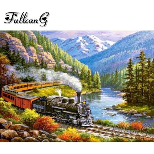 FULLCANG Moving train diy 5d mosaic diamond painting full square round drill rhinestone embroidery abstract landscape FC3253