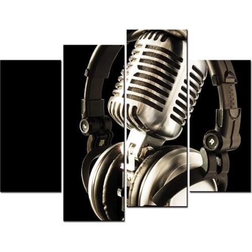 Music Artistic Paintings Wall Art Metal Microphone and Headset 4 Panel Picture Print on Canvas For Home Decor Drop shipping