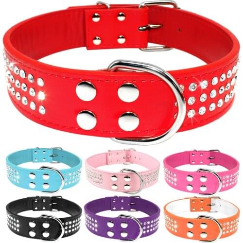 Dog Collar Leather Large Dog Collars Sparkly Crystal Diamonds Studded Pet Collar for Medium Large Dogs Red Pink Black