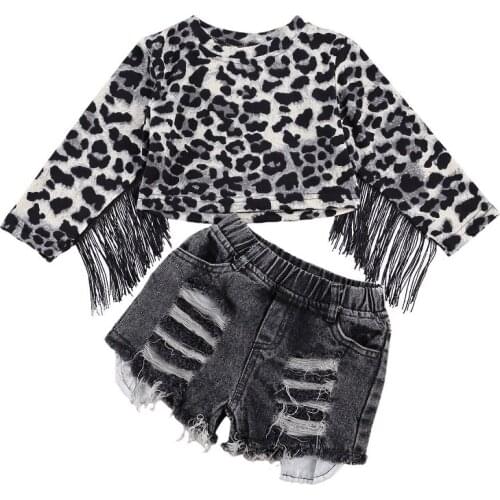 1-6Y Fashion Kids Baby Girl Tassel Long Sleeve Leopard T-shirt Tops Hole Denim Shorts Jeans 2PCS Girls Clothing Set