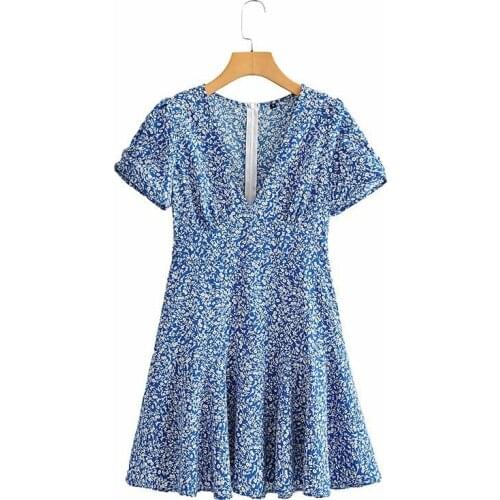 Sexy Flower Print Dresses for Women Slim Short Waist Dresses Blue Deep V Mini Party Dress New