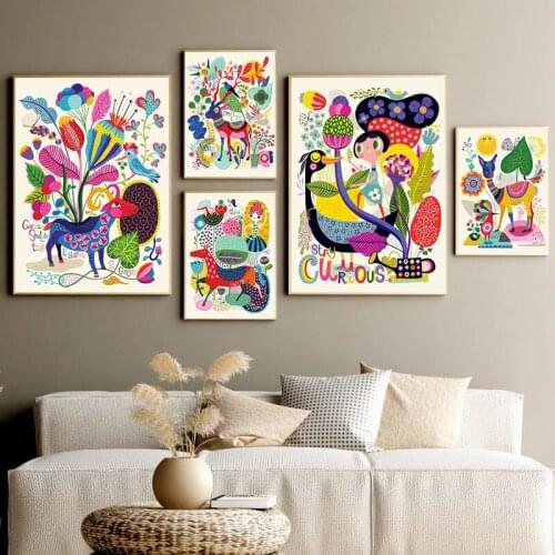 Simple Cartoon Animal Color World Canvas Painting Art Wall Print Picture Poster for Children Bedroom Decoration Frameless