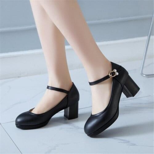 PXELENA Plus Size 34-43 Women Block Chunky High Heels Pumps Crystal Ankle Strap Office Lady Dress Party Daily Shoes Black Beige