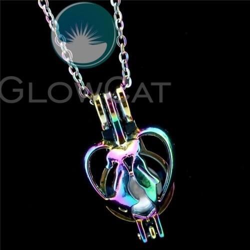R-C609 Rainbow Colors Lover Kiss Heart Beads Cage Pendant Perfume Diffuser Aromatherapy Pearl Cage Locket Necklace
