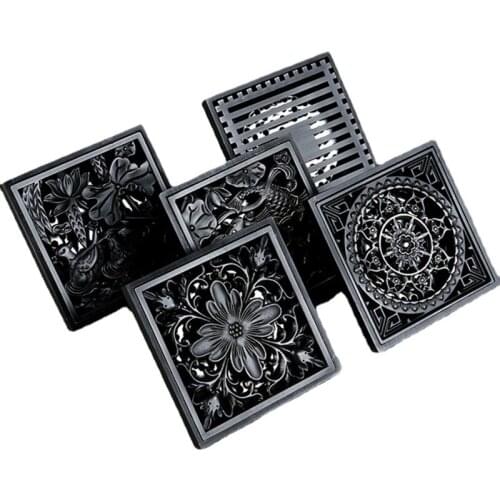 10x10cm Drain Square Black Brass Shower Drain Strainer Floor Cover Art Carved Balcony Bathroom Bath Accessories Grate Waste