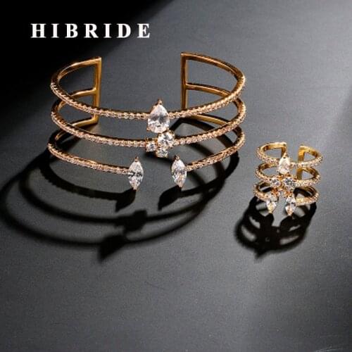 HIBRIDE Luxury Cubic Zircon Women Bangle Ring Sets Water Drop Crystal Cuff Bracelets Bangle Parure Bijoux Femme N-640