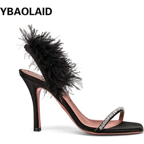 Open Toe Black High Heels New Summer Fashion Temperament Square Toe Feather Rhinestone One Word Buckle Stiletto Sandals