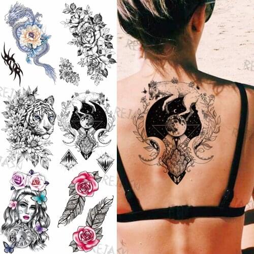 Sexy Fox Moon Planet Temporary Tattoos For Women Adult Tiger Dragon Feather Flower Fake Tatoo Holiday Waterproof Tattoo Stickers