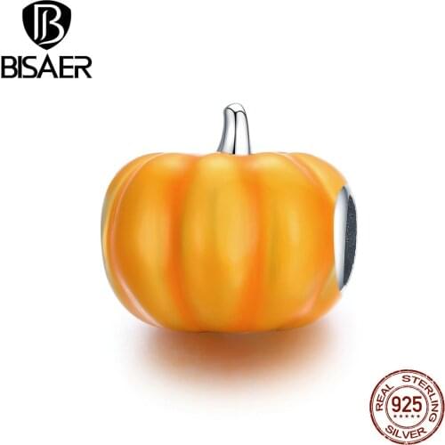 BISAER Cute Pumpkin Beads 925 Sterling Silver Little Pumpkin Charm Pendant Fit DIY Bracelet Necklace Lovely Jewelry Gift EFC333