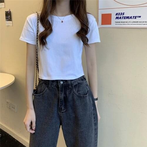 Woman Tshirts Summer New Solid Color Short T-shirt Womens Loose Design Niche Short-sleeved Cropped Thin Top