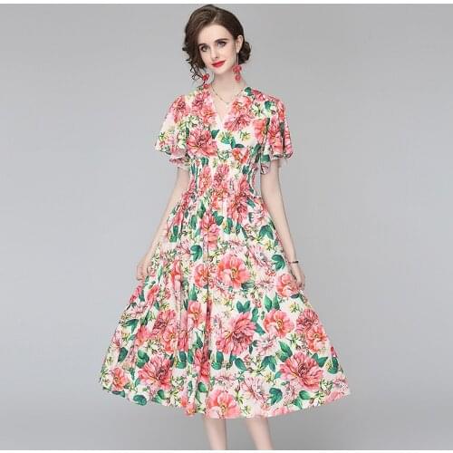 Menahem Summer Floral Bohemia Dress Women Butterfly Sleeve V-Neck Ruffles Flower Print High Elastic Waist Midi Boho Beach Vestid