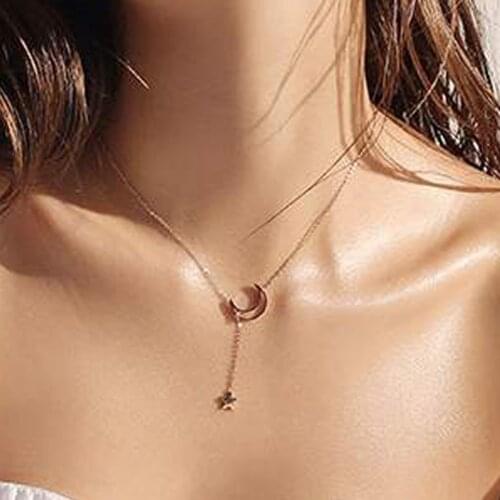 Simple Y Chain Hollow Moon Necklaces for Women Jewelry Stainless Steel Crescent Moon Star Pendant Necklaces Rose Gold Choker