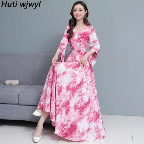 2021 Pink Floral Chiffon Casual Midi Sundress Summer Plus Size Vintage Boho Beach Maxi Dress Women Elegant Bodycon Party Vestido