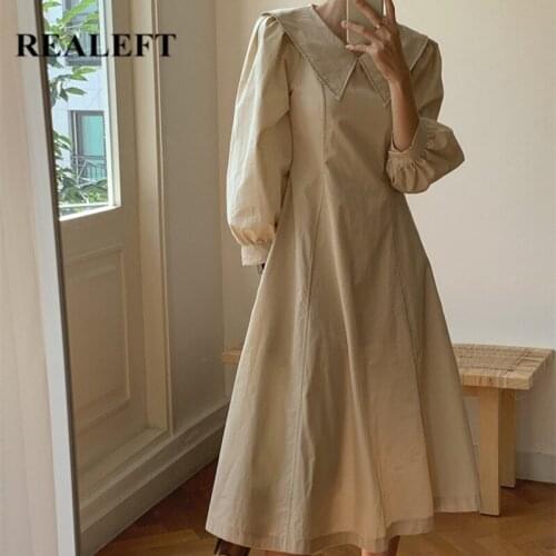 REALEFT 2021 Solid Womens Vintage Dresses Korean Style Long Sleeve High Waist Turndown Collar Casual Midi A-Line Dresses Female