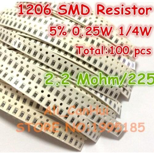 100pcs/lot 1206 5% 2.2 Mohm 2.2M 225 1/4W 0.25W SMD Resistor 3.2*1.6mm
