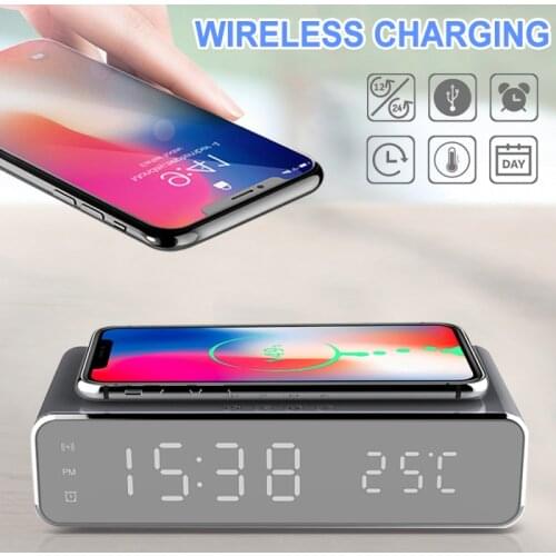 3 In 1 LED Electric Alarm Clock With Phone Charger Wireless Desktop Digital Thermometer Clock HD Clock Mirror With Time Memory