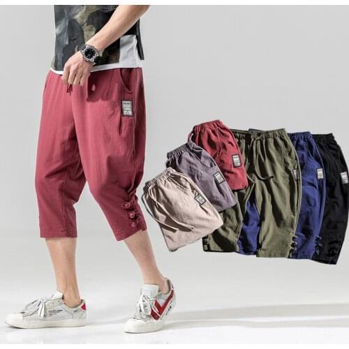 5XL Summer Men Sweatpants Linen Loose Hippie Harem 3/4 Sport Pant Casual Jogger Running Workout Athletic Pant Trouser Sportswear