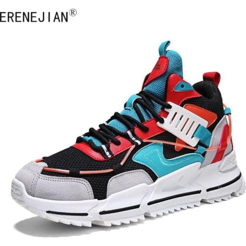 ERENEJIAN Fashion Mens Patchwork Sports Shoes Lace Up High Top Outdoor Sneakers Breathable Mesh Velcanized Shoes Footwear