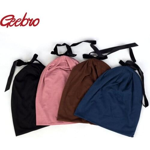 Geebro Women Casual Fashion Lace Bow Knotted Skullies Beanies Solid Bonnet For Female Pearls Bonnets Caps Winter Warm Hats