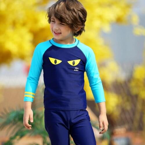 Set of 3 Swim Suit for Kids Long Sleeve Top & Bottom Swim Suit w/ Cap Children Rash Guard Blue Boys Pull-over Swim Shirt+Trunks