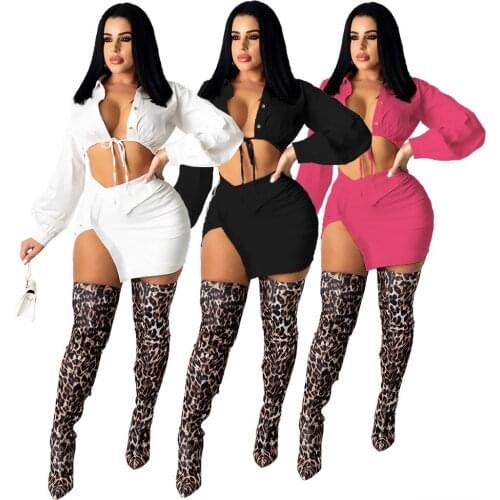 Echoine Lantern Long Sleeve Crop Top Button Lace Up Zipper Split Mini Skirt Set Sexy Party Clubwear Outfits Two Piece Set Autumn