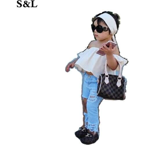 Trendy girls ripped jeans + white top 3 set