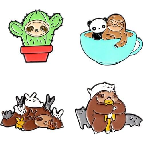 Cartoon Cute Animal Sloth Enamel Brooch Plant Cactus Potted Bowl Enamel Brooch Pin Alloy Badge Clothes Bag Accessories Jewelry