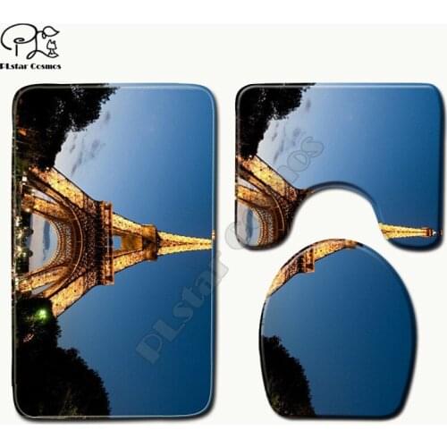 Cartoon funny Eiffel Tower pattern 3D printed Bathroom Pedestal Rug Lid Toilet Cover Bath Mat Set drop shipping style-3