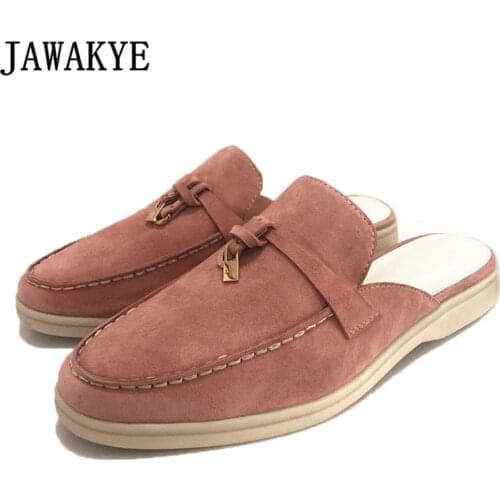 Summer Walk Suede Slippers Women Metal Lock Decor Flat Shoes Outdoor Lazy Slides Runway Mules Shoes for Ladies 2020 Hot Sell