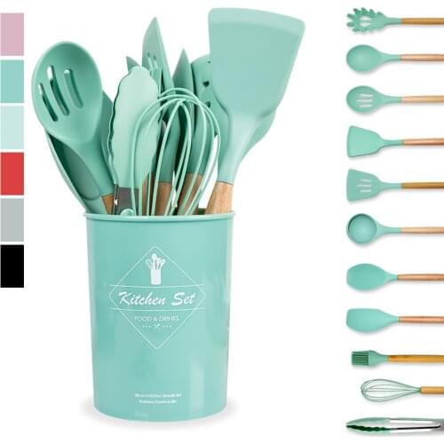 9/10/11/12Pcs Cooking Tools Set Wood+Silicone Kitchen Cooking Utensils Set Cookware Storage Box Turner Tongs Spatula Spoon Whisk