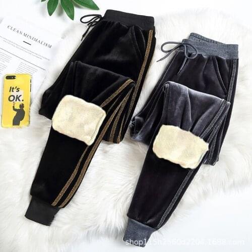 New Elastic High Waist Drawstring Harem Pants Women Striped Velvet Pocket Cashmere Sweatpants Joggers Womens Sports Pants