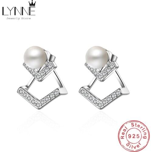 New Fashion Punk V Shape Rhinestone Pearl Ear Stud Earrings 925 Sterling Silver Dual Purpose Triangle Earring Women Jewelry Gift