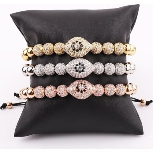 New Design Luxury Men Bracelet Jewelry Gold Plated CZ Pave Fat Eye Charm Beaded Macrame Adjustable Bracelet Women
