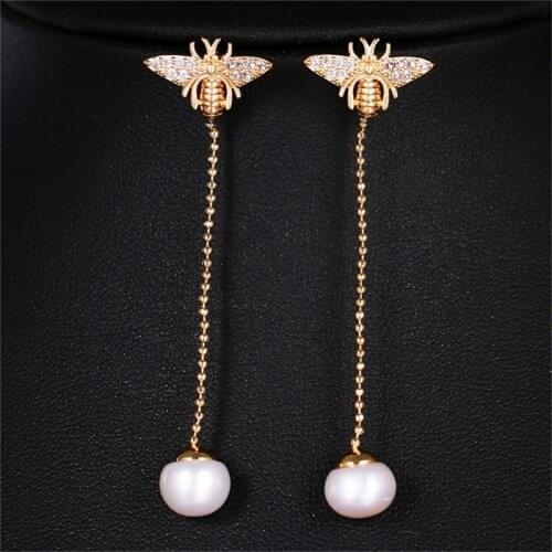 ORZTOON Fashion Gold Color Bee Zircon Long Tassel Earrings for Women Luxury Animal Pearl Drop Earring Trendy Female Jewelry New