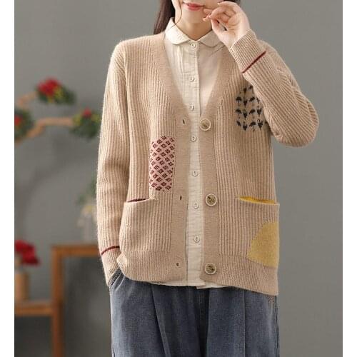 Literary Spring Autumn Thin Style Outwear Long Sleeve Knitted Cardigan Women Loose Color-block Jacquard Sweater Short Coat e227