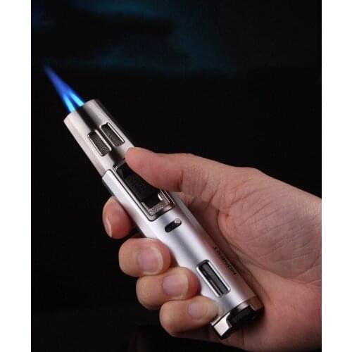 Mens Gifts-High Pressure Windproof Double Blue Flame Visible Gas Window Turbo Butane Gas Cigar Lighter One Key To Lock Flame