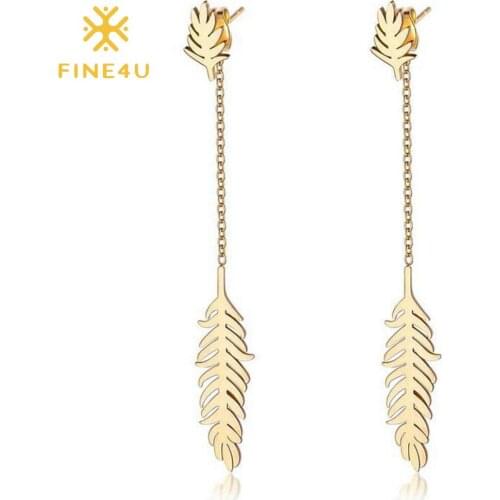 FINE4U E269 Boho Minimalist Long Stainless Steel Leaves Dangle Earrings Chain for Women Elegant Threader Earrings