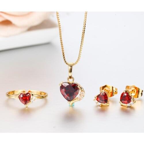 Cute Gold Color Violet Purple CZ Heart CZ Ring Pendant Necklace and Earrings Small Jewelry Sets For Women Children Girls Kids