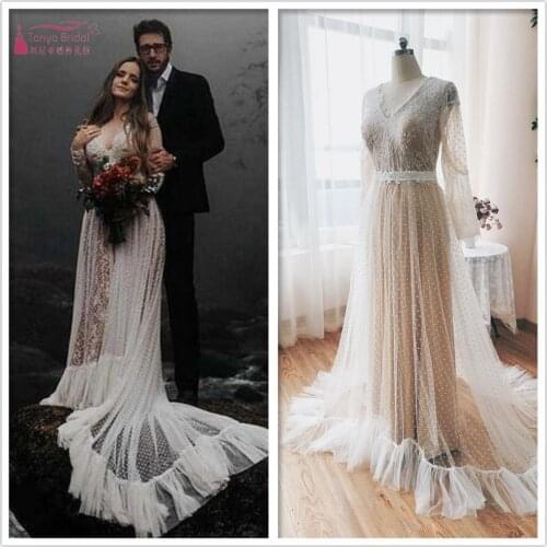 Modest Bohemian Wedding Dresses With Long Sleeve Sexy V Neck Beach Boho Country Nude lining Bridal Gown robe de mariee DQG863