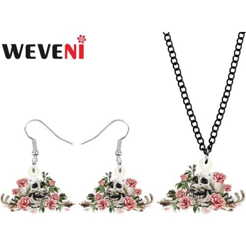 WEVENI Acrylic Halloween Flower Skeleton Skull Jewelry Sets Big Aesthetic Earrings Necklace For Women Kids Novelty Festival Gift
