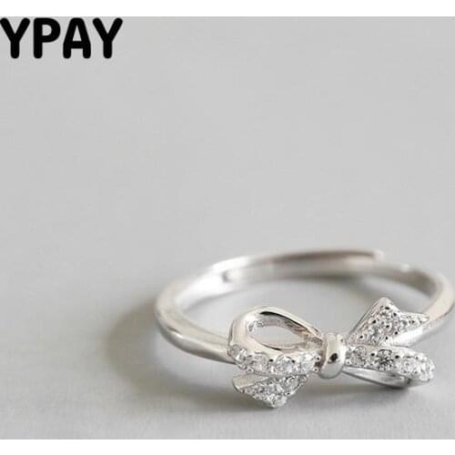 YPAY Authentic 100% 925 Sterling Silver Finger Rings for Women Girls Bow Knot Stackable Ring Micro Pave Zircon Jewelry YMR507